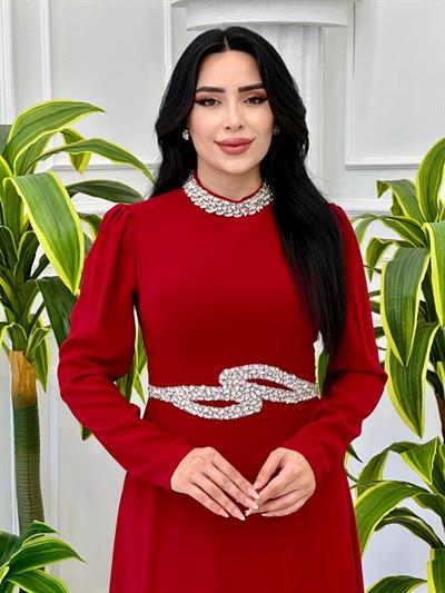 Yaka Bel Taşlı Krep Elbise 24y69el t-24 Kırmızı