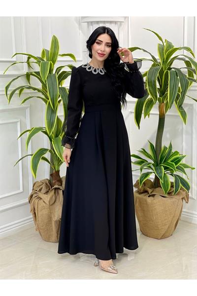 Yaka Damla Taş Elbise 3797 Siyah