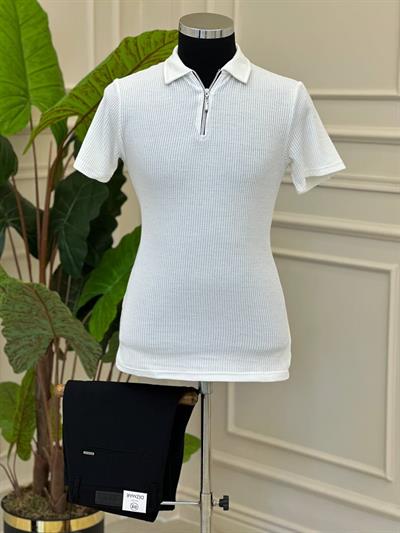 Yaka Fermuar Örgü T-Shirt 504 Beyaz