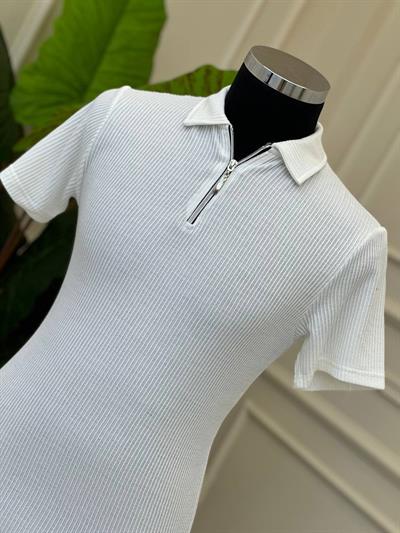 Yaka Fermuar Örgü T-Shirt 504 Beyaz