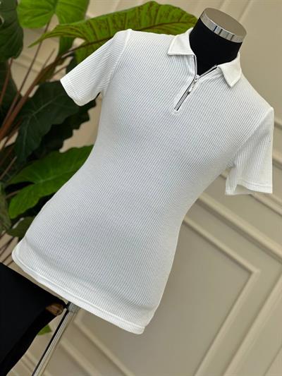 Yaka Fermuar Örgü T-Shirt 504 Beyaz