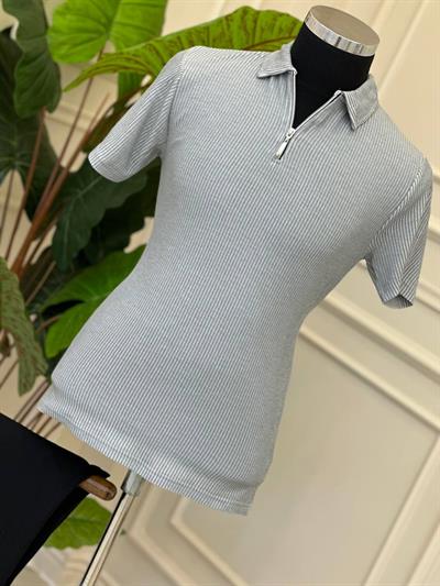 Yaka Fermuar Örgü T-Shirt 504 Gri