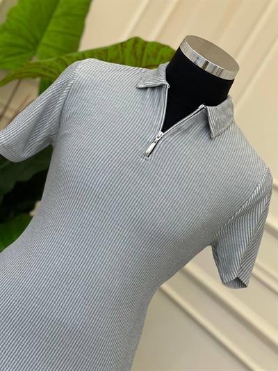 Yaka Fermuar Örgü T-Shirt 504 Gri