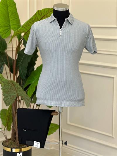 Yaka Fermuar Örgü T-Shirt 504 Gri