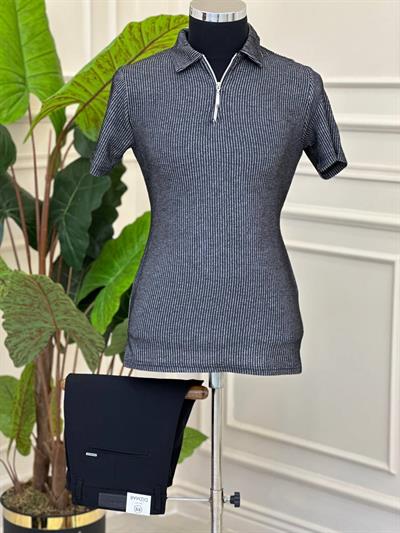 Yaka Fermuar Örgü T-Shirt 504 Siyah