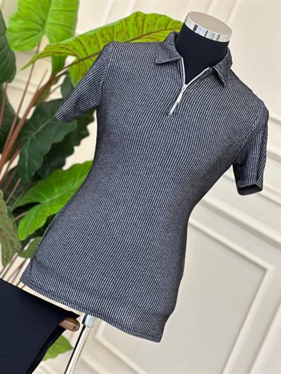 Yaka Fermuar Örgü T-Shirt 504 Siyah