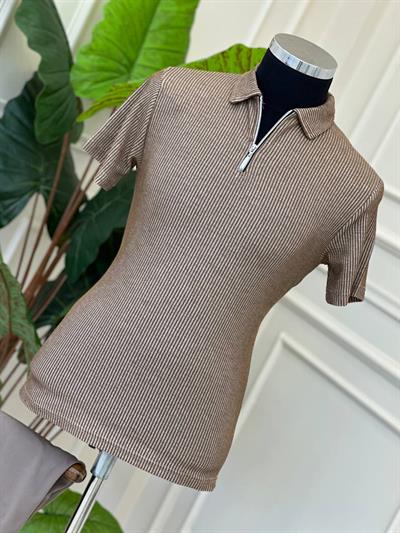 Yaka Fermuar Örgü T-Shirt 504 Vizon