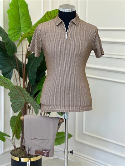 Yaka Fermuar Örgü T-Shirt 504 Vizon