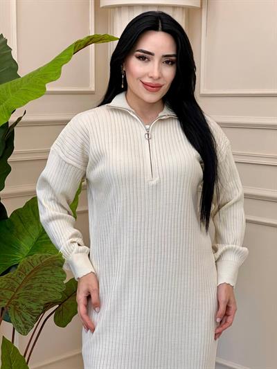 Yaka Fermuar Triko Elbise 3362 t-24 Ekru