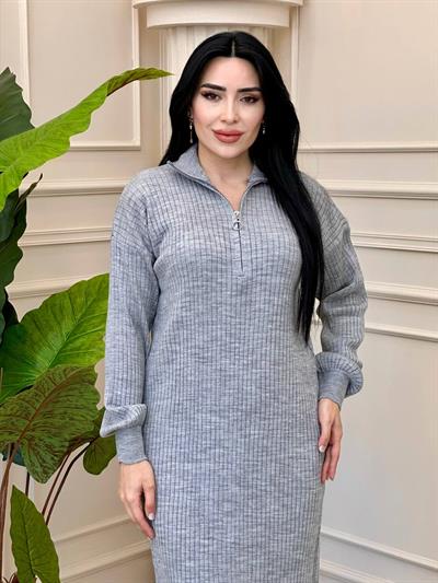 Yaka Fermuar Triko Elbise 3362 t-24 Gri