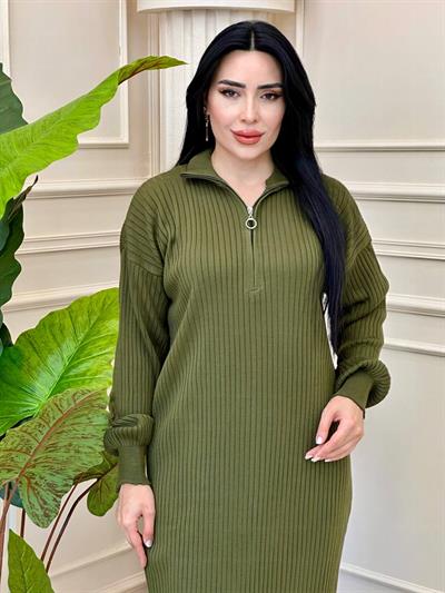 Yaka Fermuar Triko Elbise 3362 t-24 Haki