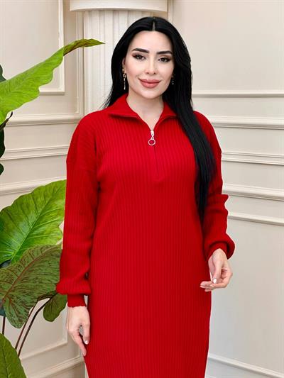 Yaka Fermuar Triko Elbise 3362 t-24 Kırmızı