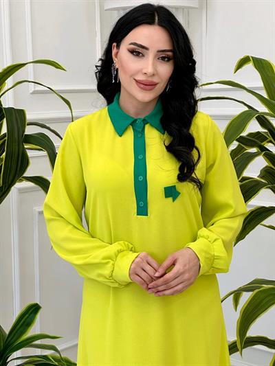 Yaka Garnili Elbise 2400 T-24 Sarı
