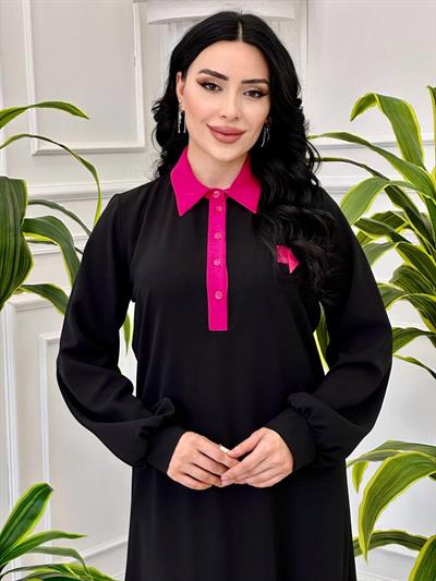 Yaka Garnili Elbise 2400 T-24 Siyah