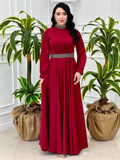Yaka Kemer Taş Saten Elbise 4211 T-24 Bordo