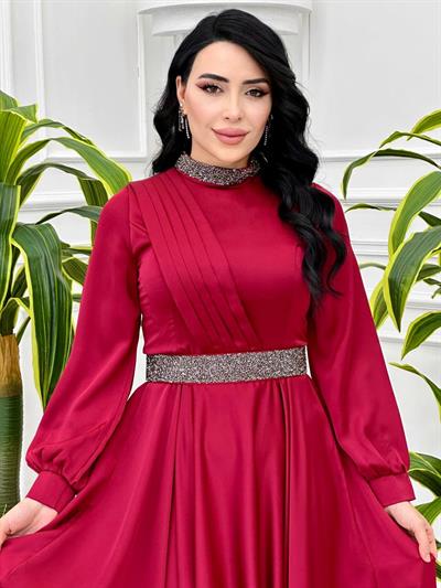 Yaka Kemer Taş Saten Elbise 4211 T-24 Bordo