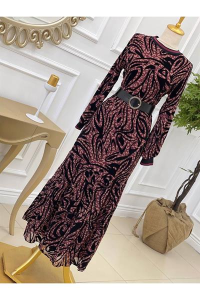 Yaka Kol Ribana Desenli Elbise 3782 Rose