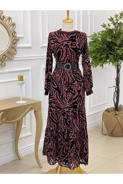 Yaka Kol Ribana Desenli Elbise 3782 Rose