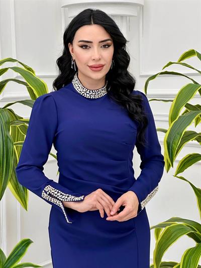 Yaka Kol Taşlı Drape Elbise 5133 T-24 Saks