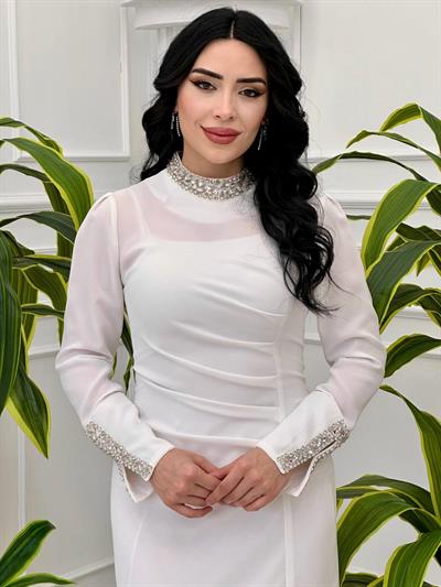 Yaka Kol Taşlı Drape Elbise 5133 T-24 Beyaz