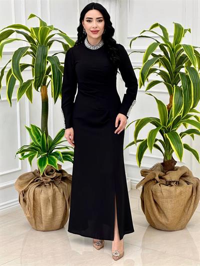 Yaka Kol Taşlı Drape Elbise 5133 T-24 Siyah