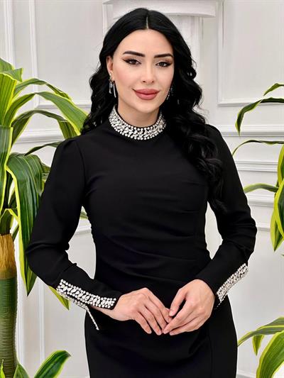 Yaka Kol Taşlı Drape Elbise 5133 T-24 Siyah