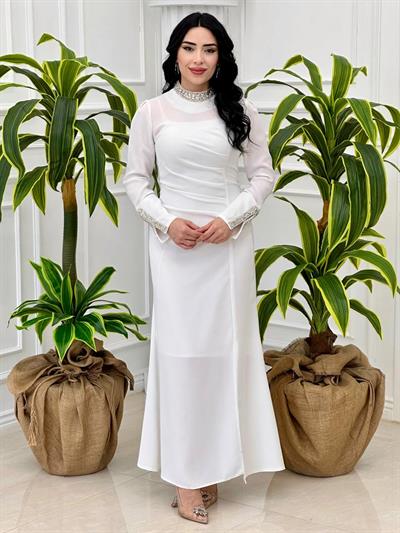 Yaka Kol Taşlı Drape Elbise 5133 T-24 Beyaz