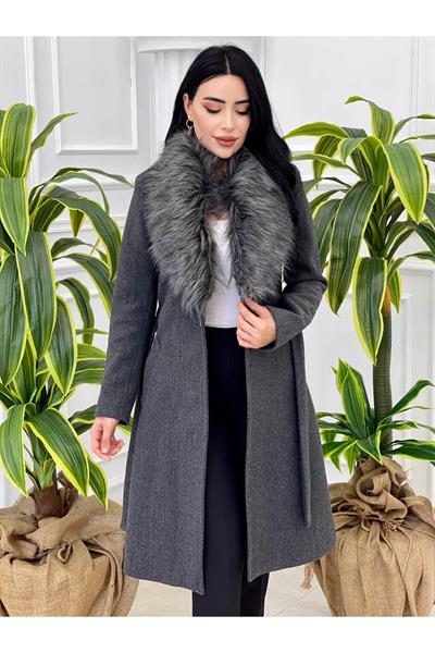 Yaka Kürklü Kaşe Kaban 3139 Füme