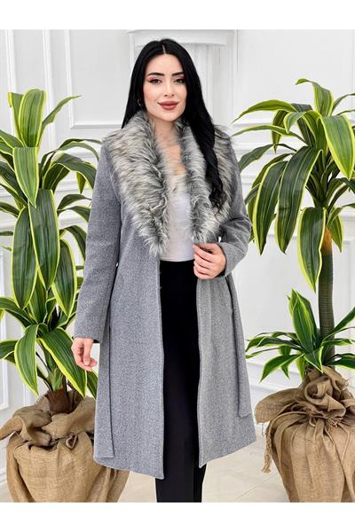 Yaka Kürklü Kaşe Kaban 3139 Gri