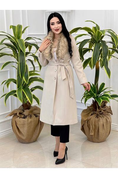 Yaka Kürklü Kaşe Kaban 5091-Taş