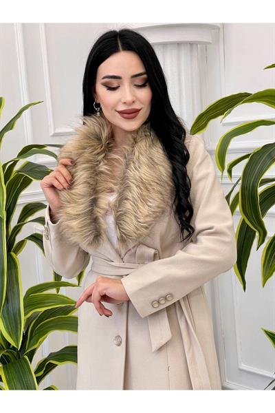 Yaka Kürklü Kaşe Kaban 5091-Taş