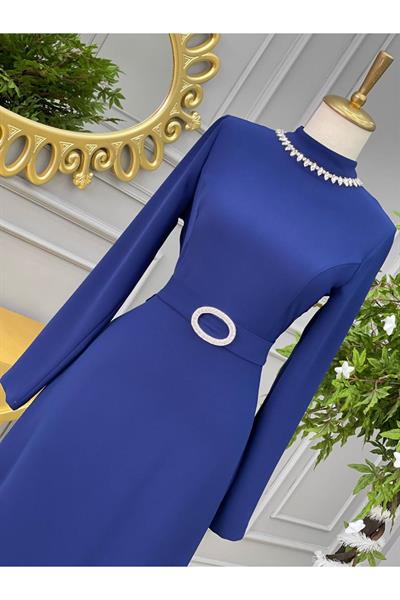 Yaka Şerit Taş Kalem Elbise5519 Saks