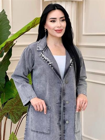 Yaka Taş İşleme Kot Trenç 7209 t-24 Gri
