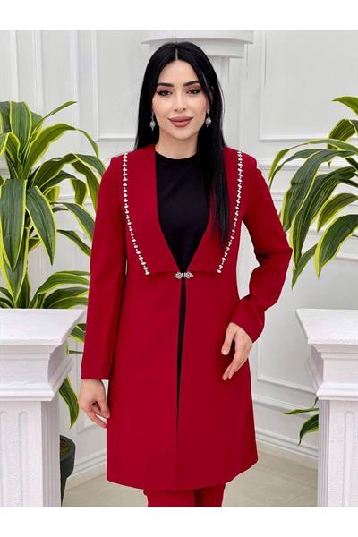 Yaka Taş Şerit Ceketli Takım 5702 Kırmızı