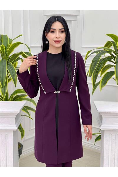 Yaka Taş Şerit Ceketli Takım 5702 Mor
