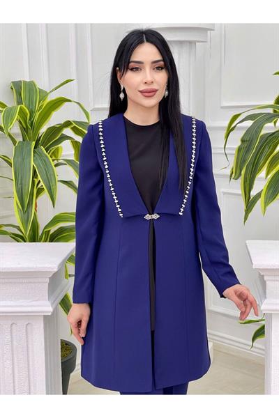 Yaka Taş Şerit Ceketli Takım 5702 Saks