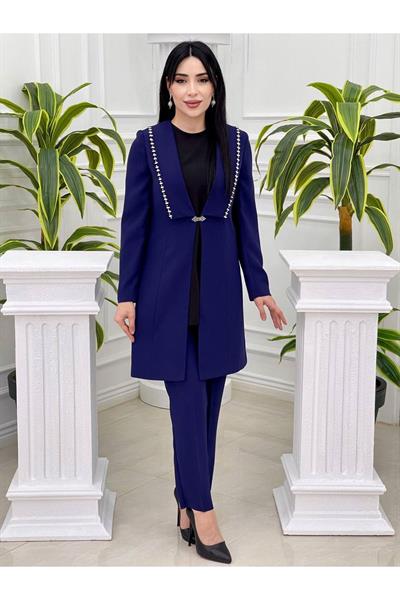 Yaka Taş Şerit Ceketli Takım 5702 Saks