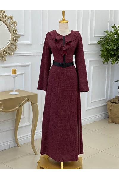 Yaka Volanlı Örme Elbise 3169 Bordo