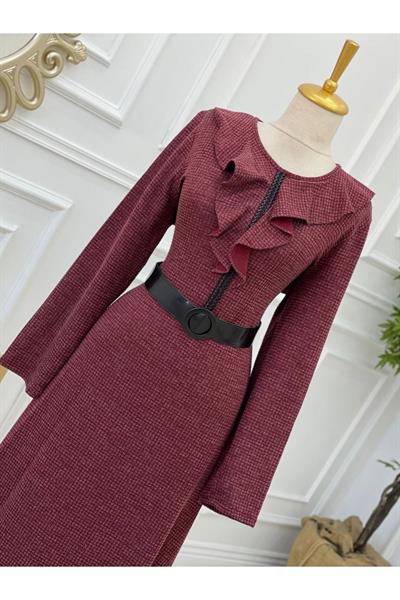 Yaka Volanlı Örme Elbise 3169 Bordo