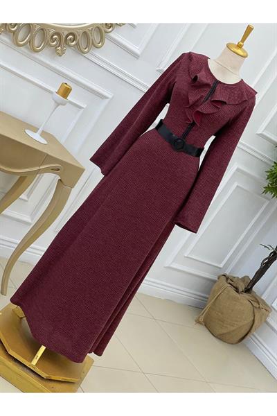 Yaka Volanlı Örme Elbise 3169 Bordo