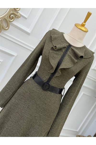 Yaka Volanlı Örme Elbise 3169 Haki