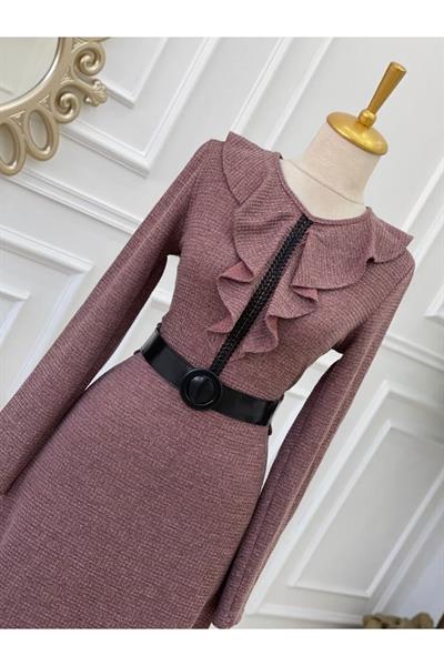Yaka Volanlı Örme Elbise 3169 Rose