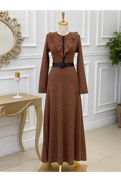 Yaka Volanlı Örme Elbise 3169 Taba