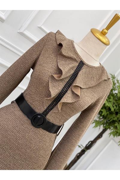Yaka Volanlı Örme Elbise 3169 Vizon