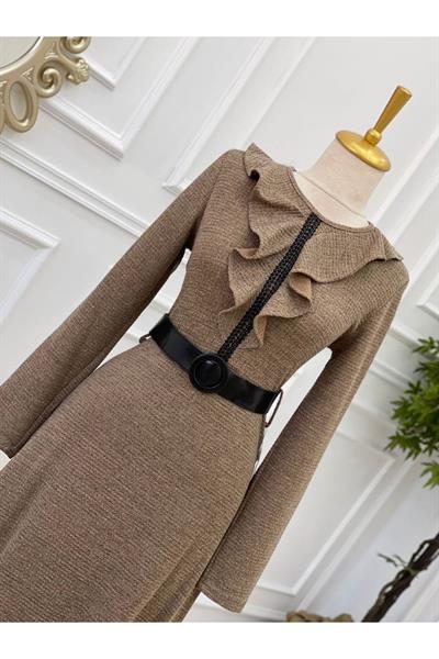 Yaka Volanlı Örme Elbise 3169 Vizon