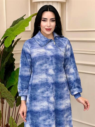 Yaka Yan Fermuar  Baskılı Elbise 1463 t-24 Mavi