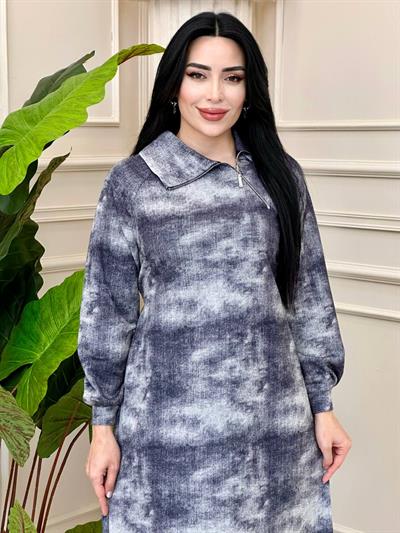 Yaka Yan Fermuar  Baskılı Elbise 1463 t-24 Gri