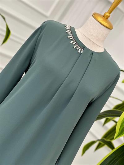 Yaka Yarım Taş İşleme Tunik 918 Mint yeşili