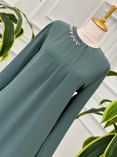 Yaka Yarım Taş İşleme Tunik 918 Mint yeşili