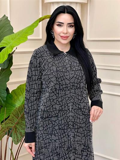 Yakalı Fermuarlı Uzun Hırka 33068 t-24 Siyah Beyaz